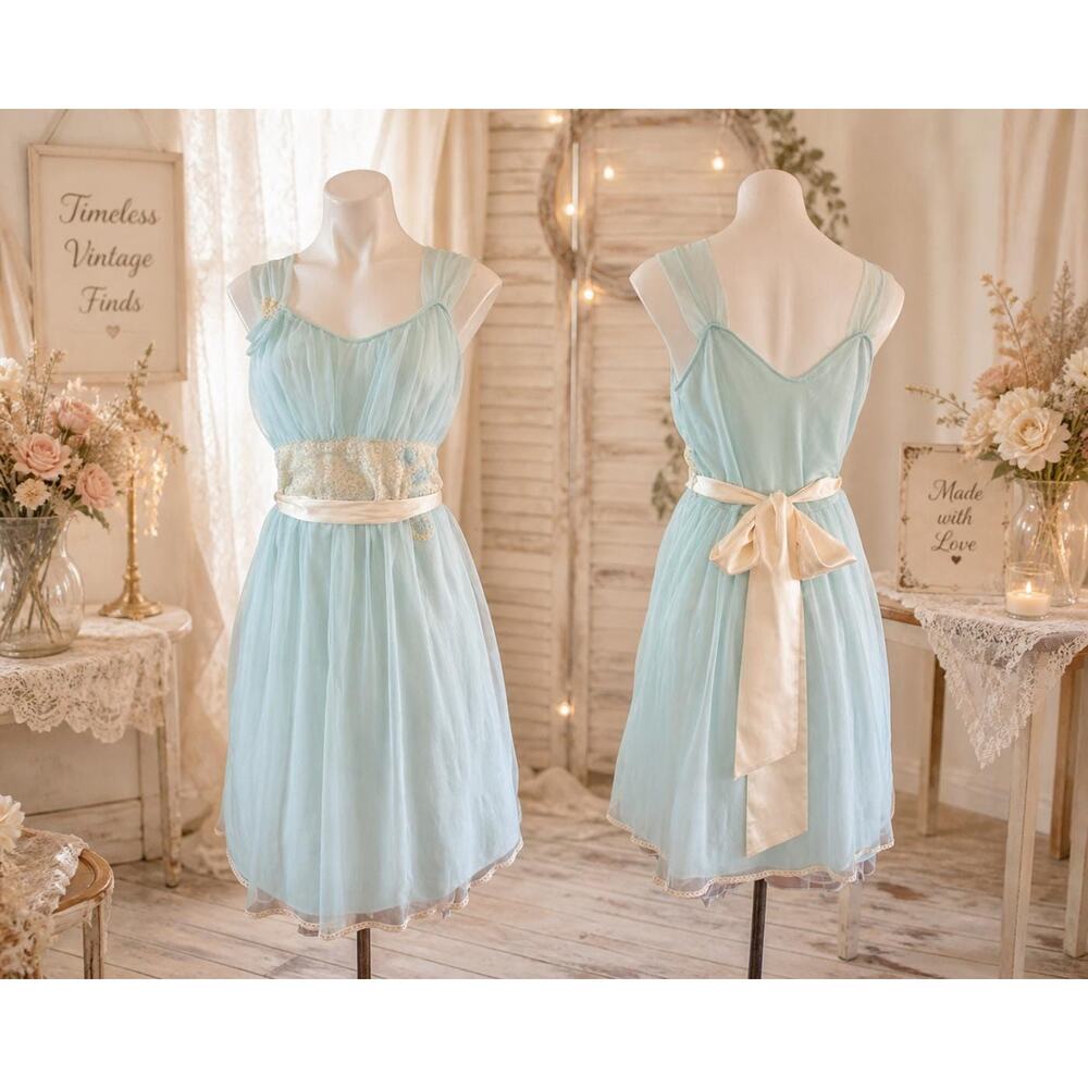 Vintage 1960s Miss Elaine Babydoll Nightgown Blue Chiffon, Lace Sash Sz S